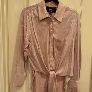 Nina Parker Blush Sequin Button-Up/ Tie Blouse - Size 0X